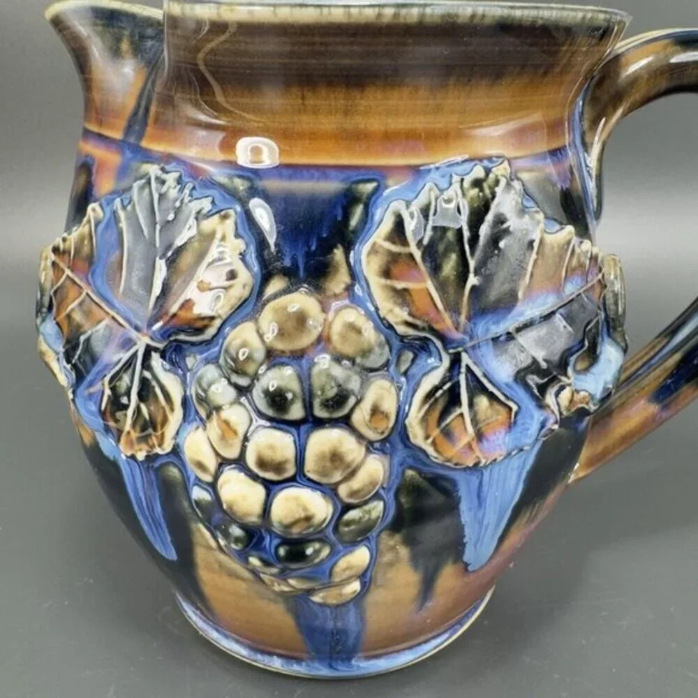 Greg Olson Studio Art Pottery Pitcher Carafe Jug Heavy Glaze Grape Signed‎ VTG